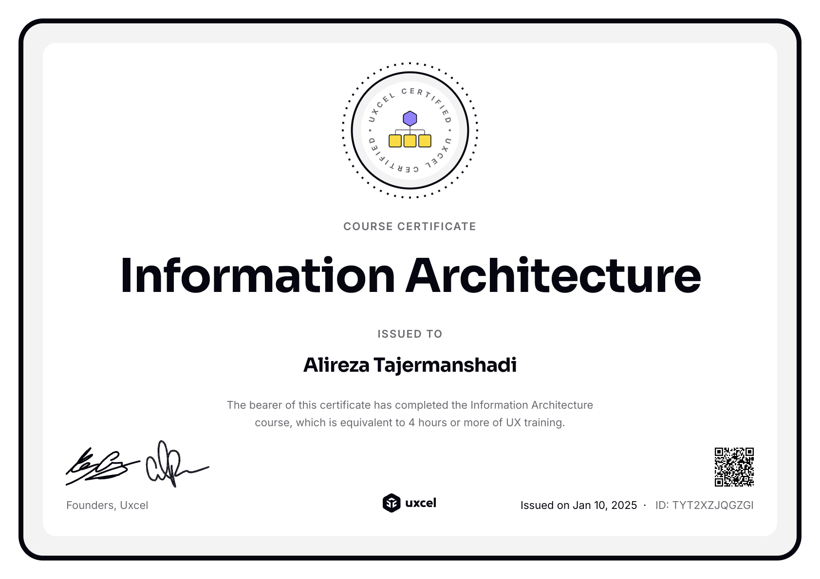 Alireza Tajermanshadi's certificate